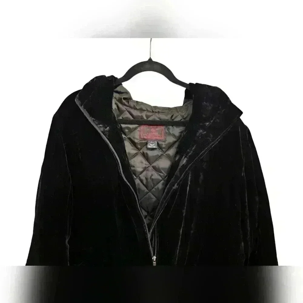 WOMENS LAUREN RALPH LAUREN BLACK VELVET SILK HOODED COAT PARKA LARGE - Picture 5 of 13
